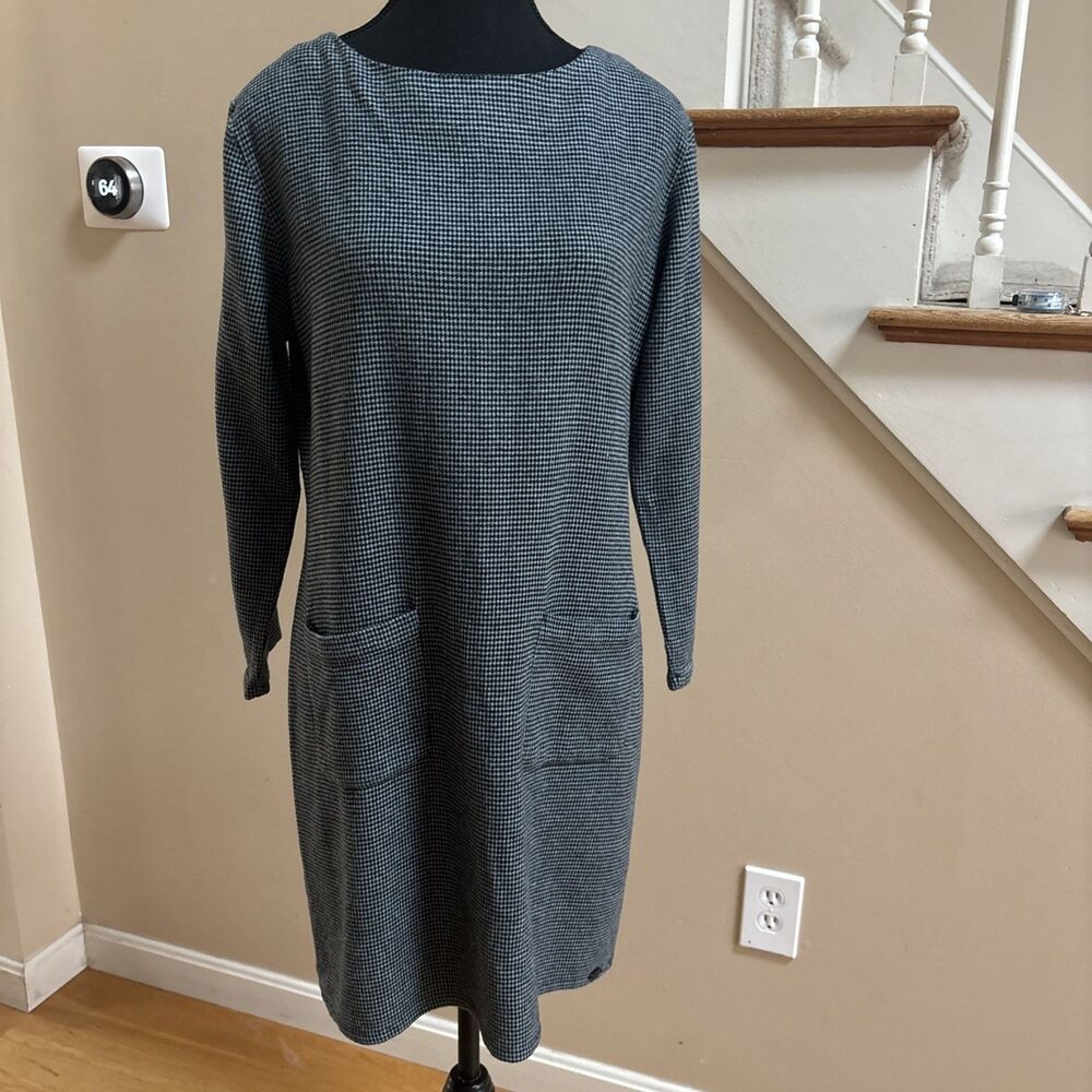 Alkena Switzerland Silk Wool Shift Dress Size Medium Pockets Blue & Black EUC